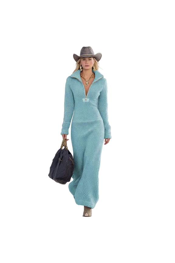 Women's Sherpa Lined Fleece Maxi Dress Collar Half Zipper Solid Slim Long Sleeve Casual Winter Dress Light Blue 2XL