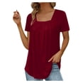 thumbnail image 1 of CIENVNSTG Women's Short Sleeve Pleated Tee Tops Square Neck Solid Color Tunic Casual Summer Fashion Clothing for Daily Life Vacation Trips and Outdoor Events Wine S, 1 of 5