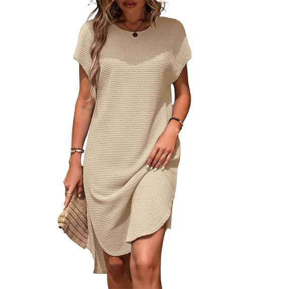 CIENVNSTG Women's Short Sleeve Round Neck Mini Dress Solid Color Fashionable Waffle Gown Elegant Midi Skirt Dresses Beige S