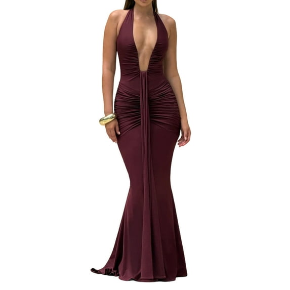 CIENVNSTG Women's Sleeveless High Waist Bodycon Evening Party Gown Sexy Deep V-neck Backless Halter Maxi Dresses Wine 2XL
