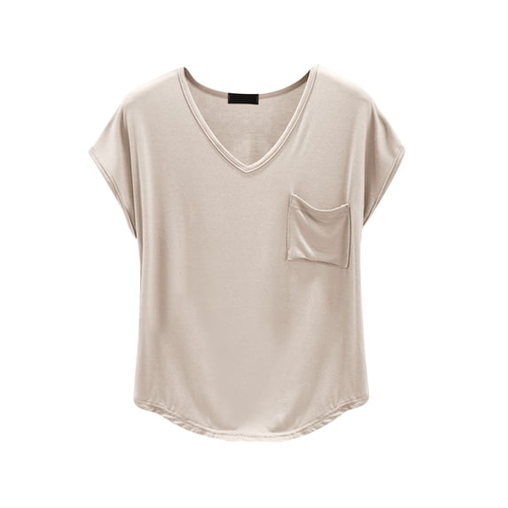 CIENVNSTG Women's Solid Color V Neck T Shirt with Chest Pocket Short Sleeve Loose Fit Casual Summer Top Comfy Breathable Basic Tees Tunic Style Clothes Convenient Pockets Design Beige L