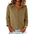 thumbnail image 1 of CIENVNSTG Women's Spring Summer Tops Cotton Linen 3/4 Sleeve Lapel Collar Button Down Shirts with Chest Pocket Dressy Casual Loose Fit Comfy Lightweight Plain Blouses for Daily Commute Khaki 2XL, 1 of 3