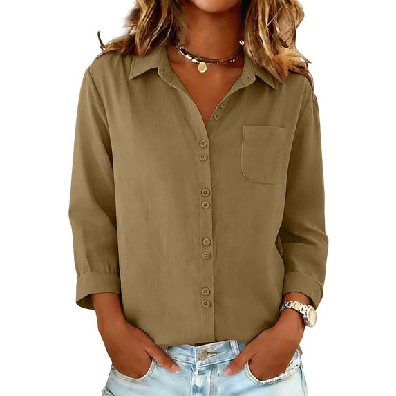 CIENVNSTG Women's Spring Summer Tops Cotton Linen 3/4 Sleeve Lapel Collar Button Down Shirts with Chest Pocket Dressy Casual Loose Fit Comfy Lightweight Plain Blouses for Daily Commute Khaki 2XL