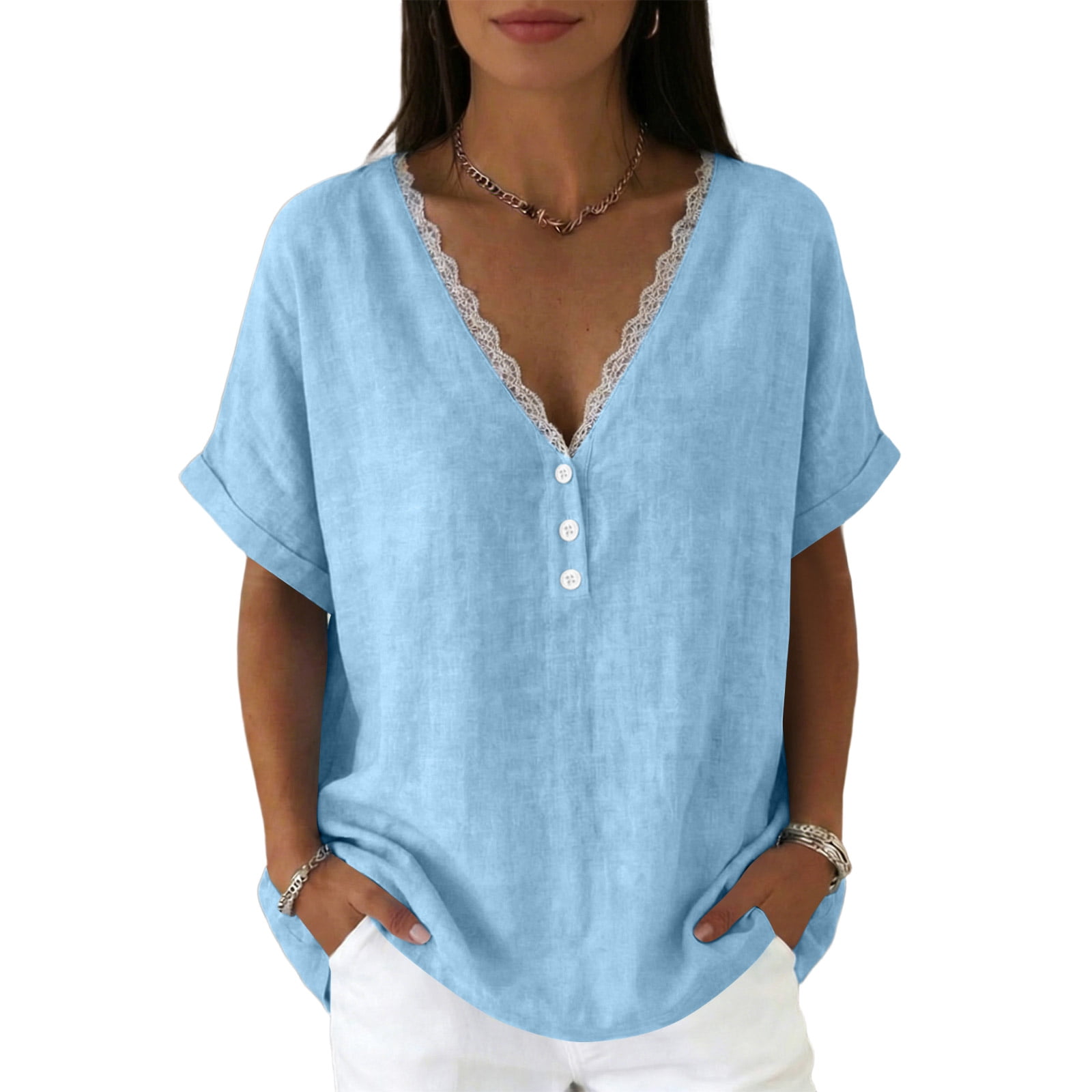 CIENVNSTG Women's Spring Summer Tops Lace Trim V Neck Short Sleeve ...