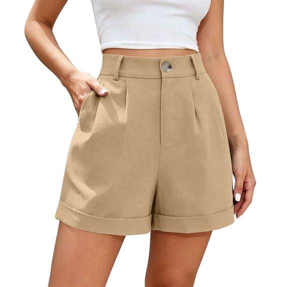 CIENVNSTG Women's Summer Dressy Casual Bermuda Shorts Solid Color High Waisted Elastic Waist Roll Up Pleated Wrap Hem Wide Leg Knee Length Shorts with Pockets & Button for Office and Outings Khaki S