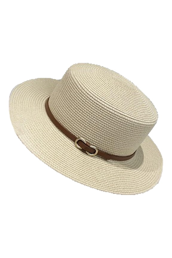 Women's Summer Straw Woven Flat Brimmed Top Hat Solid Color with Brown Leather Buckle Band Breathable Casual Sunshade Headwear for Beach Vacation Daily Stylish Accessories Beige