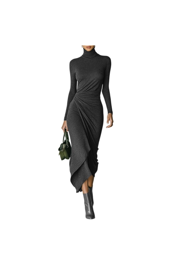 Women's Turtleneck Long Sleeve Waist Cinched Knit Sweater Dress Bodycon Cocktail Evening Party Maxi Dresses Gray M
