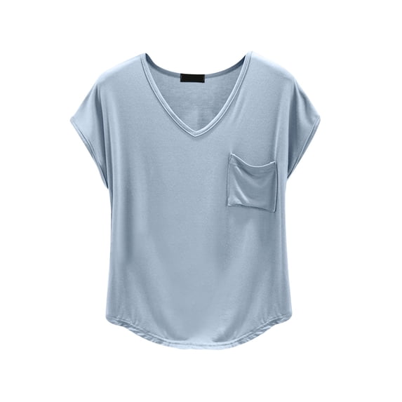 CIENVNSTG Women's V Neck Solid Color Short Sleeve T Shirt with Chest Pocket Loose Fit Casual Summer Comfy Breathable Basic Tees Tunic Clothes Enhanced by Pockets for Storage Needs Light Blue M