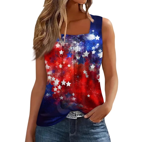 CIENVNSTG Womens 4th of July Independence Day Tank Tops Square Neck Sleeveless Tie Dye USA Flag Print Casual Loose Vest Blue S