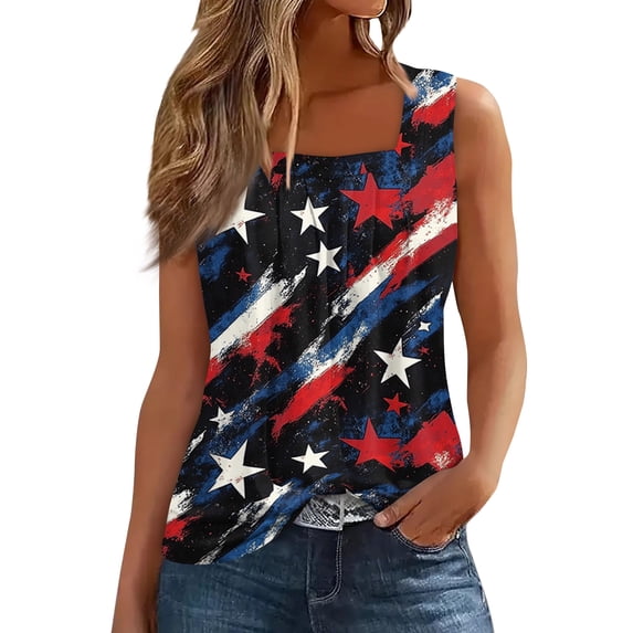 CIENVNSTG Womens 4th of July Independence Day Tank Tops Square Neck Sleeveless Tie Dye USA Flag Print Casual Loose Vest Navy L