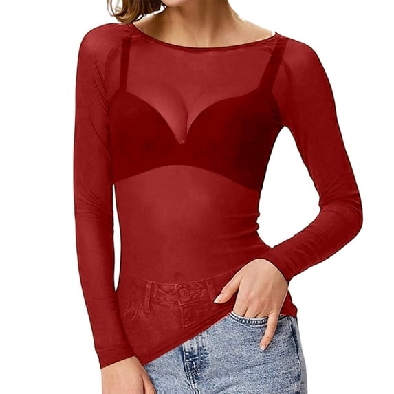 CIENVNSTG Womens Basic Long Sleeves Mesh Sheer Tops Round Neck See-Through Slim Ladies Blouse T-Shirt Wine XL