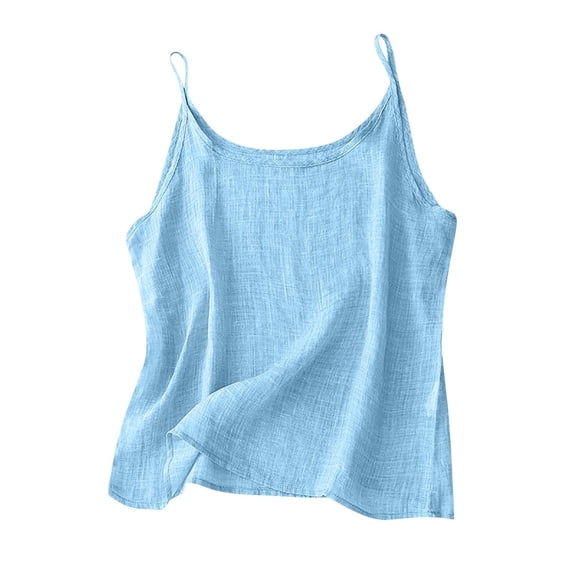 CIENVNSTG Womens Basic Solid Color Cotton Linen Cami Tops Spaghetti Strap Loose Fit Lightweight Sleeveless Inner Shirts for Summer Daily Dressing Light Blue L