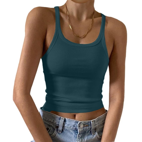 CIENVNSTG Womens Basic Solid Ribbed Knit Cami Shirts Slim Fitting Scoop Neck Sleeveless Silhouette Tank Top for Summer Daily Casual Dressing Cyan L