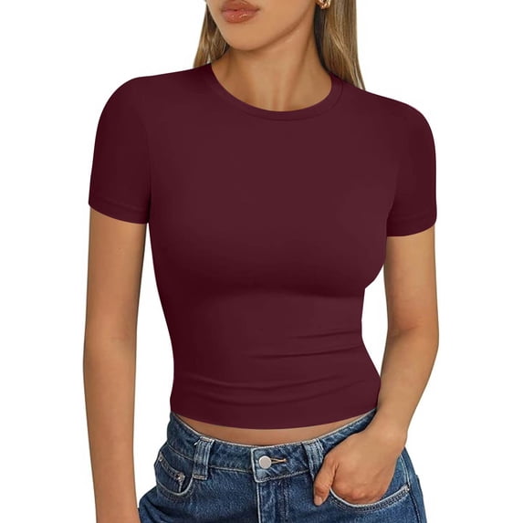 CIENVNSTG Womens Casual Basic Crop Tops Summer Short Sleeve Crew Neck Slim Fit Buttery Soft Texture Y2k Styling Tees for Workout Daily Leisure And Outgoing Occasions Wine S