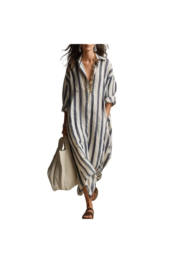 Womens Casual Striped 3/4 Striped Maxi Shirt Dresses Rolled Up Sleeve Beach Vacation Boho Shift Dress Black S