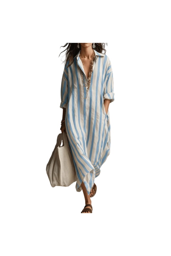 Womens Casual Striped 3/4 Striped Maxi Shirt Dresses Rolled Up Sleeve Beach Vacation Boho Shift Dress Light Blue L