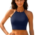 thumbnail image 1 of CIENVNSTG Womens Cropped Halter High Neck Bikini Top Padded Modest Swimwear Lightweight Elastic Fabric Bathing Suit Top for Daily Beach and Pool Water Use Navy XL, 1 of 5