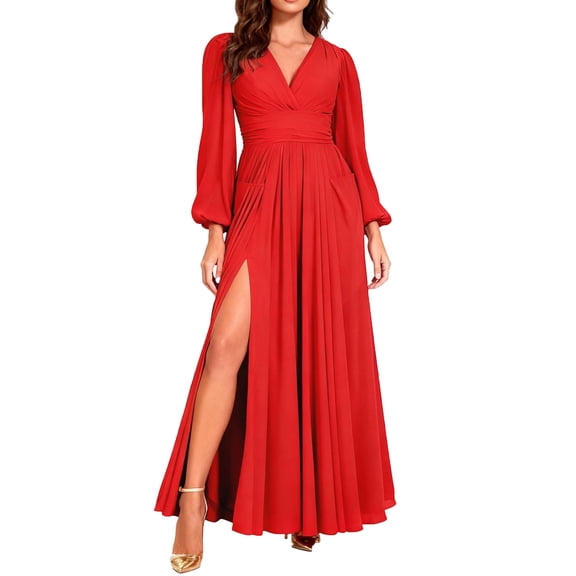 CIENVNSTG Womens Dresses Long Sleeves V Neck Bridesmaid Dresses Wedding Side Slit Flowy Chiffon Evening Formal Dresses Sexy Formal Wedding Guest Dress Red 2XL