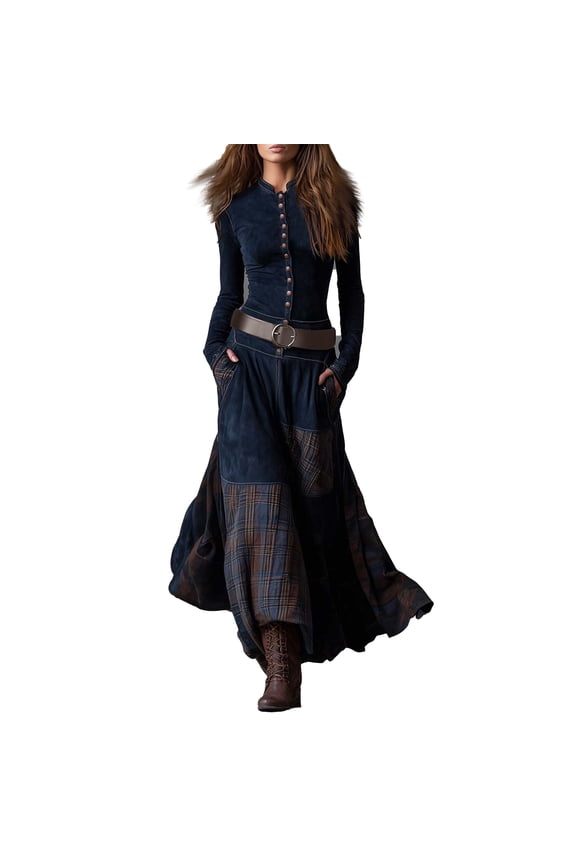 Womens Dresses Vintage Suede Elegant Plaid Dresses Round Neck Long Sleeve Single-Breasted Side Pockets Maxi Dress with Belt Beach Dress Royal Blue XL
