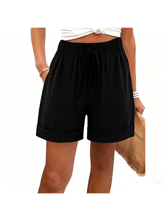 Womens Elastic High Waisted Drawstring Loose‑Fit Casual Shorts Lightweight Summer Cuffed Hem Relaxed Shorts with Side Pockets Black M