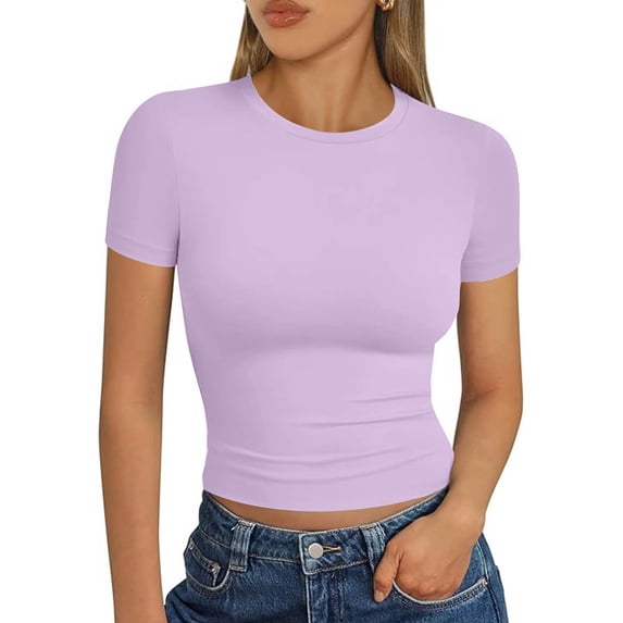 CIENVNSTG Womens Fitted T Shirts Summer Short Sleeve Crew Neck Slim Fit Buttery Soft Crop Tops Y2k Styling Casual Basic Tees for Workout Daily Leisure And Outgoing Occasions Light Purple M