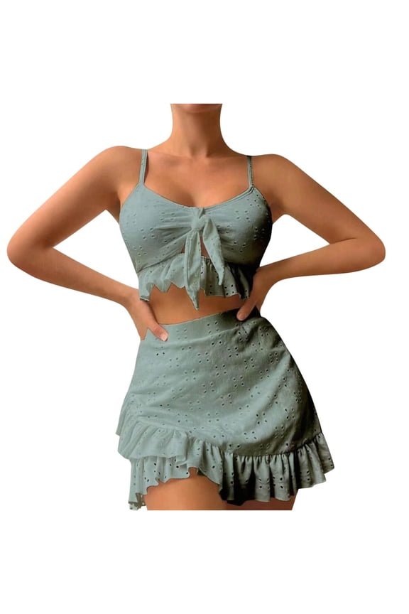 Womens Flowy Eyelet Bikini Set High Waisted Twist Front Solid Ruffle Detail Tummy Control Two Piece Suit With Beach Skirt Mint Green M