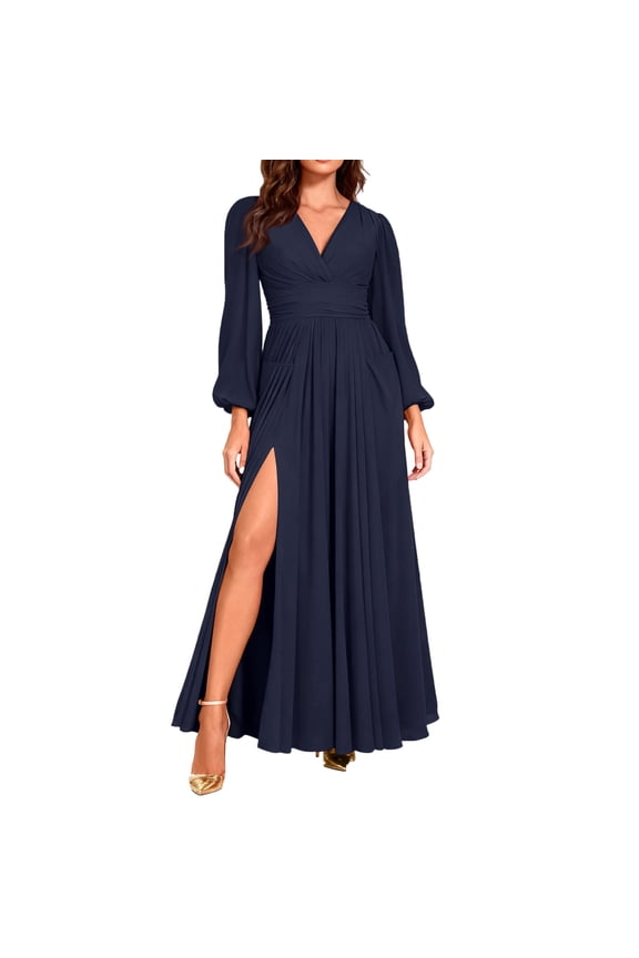 Womens Formal Dresses Long Sleeves V Neck Bridesmaid Dresses Wedding Side Slit Flowy Chiffon Evening Formal Dresses Sexy Birthday Dress Navy S