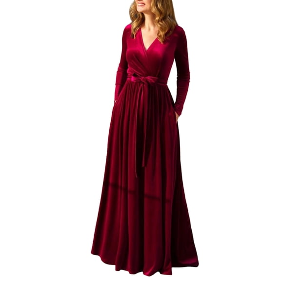 CIENVNSTG Womens Formal Dresses Temperament Long Sleeved V-Neck Bridesmaid Dresses Elegant Fashionable Socialite Style Dress Autumn Winter Birthday Dress Red S