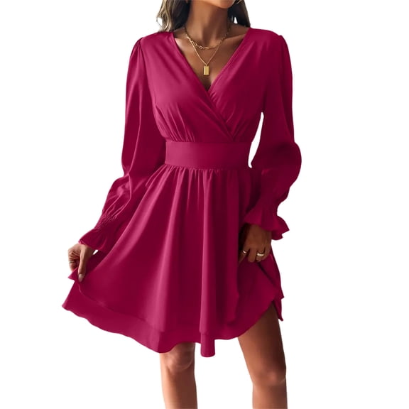 CIENVNSTG Womens Formal Dresses V Neck Lantern Sleeve Wrap Mini Dress Ruched High Waist Elegant Beach Dress Hot Pink S