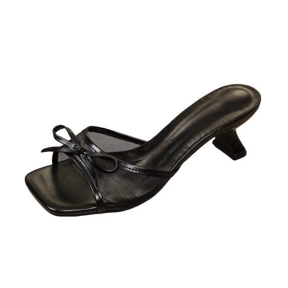 CIENVNSTG Womens Heeled Sandals Square Toe Mesh Bow Thin Heel Slide Mules Comfortable Dress Shoes for Party Wedding Black 36