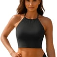 thumbnail image 1 of CIENVNSTG Womens High Neck Halter Cropped Bikini Top Padded Modest Swimwear Stretchy Breathable Bathing Suit Top for Beach Pool Daily Water Activities Black XL, 1 of 5