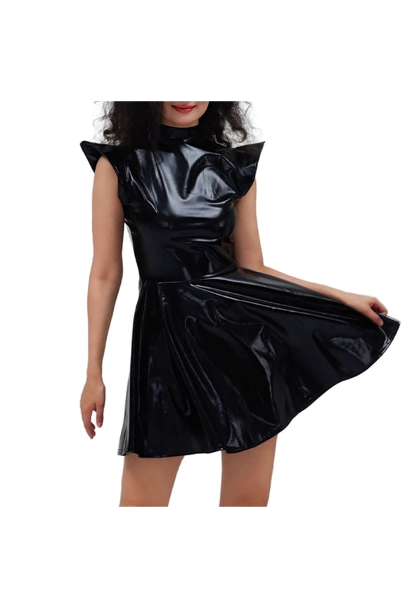 Womens High Waist Mock -Neck A-line Dress Shiny Short Sleeve Dress Pole Dance Rave Party Bar Club Street Wear Black XL