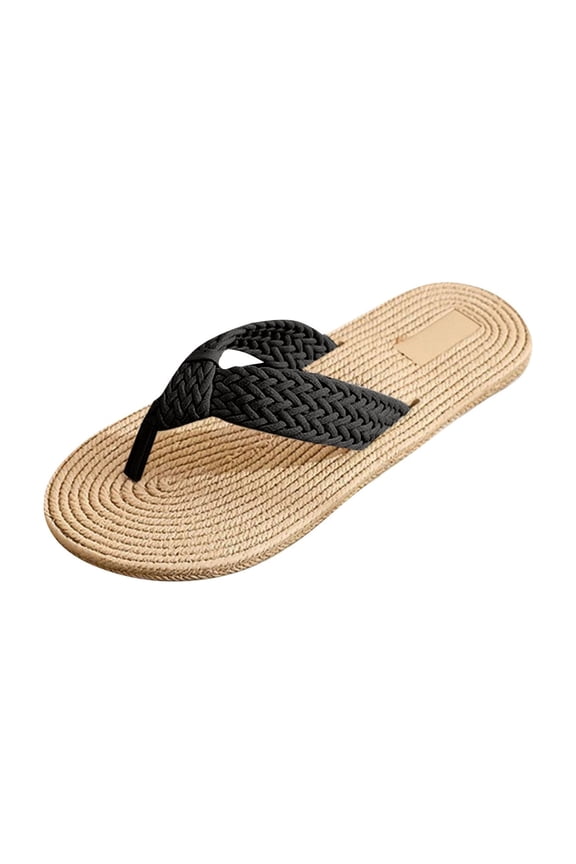 Womens Imitation Hemp Rope Flat Flip Slippers Summer Casual Open Toe Slides Comfortable Footwear For Beach Trips Black 38