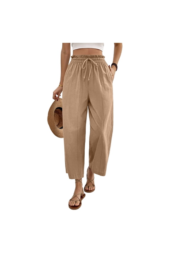 Womens Linen Capri Pants High Smocked Waist Drawstring Boho Slacks Summer Casual Flowy Palazzo Trousers Lounge Pants with Pockets Khaki L