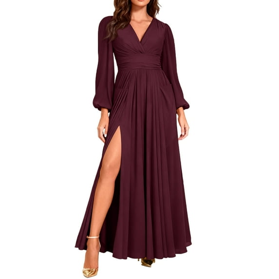 CIENVNSTG Womens Long Dresses Long Sleeves V Neck Bridesmaid Dresses Wedding Side Slit Flowy Chiffon Evening Formal Dresses Sexy Evening Dress Wine XL