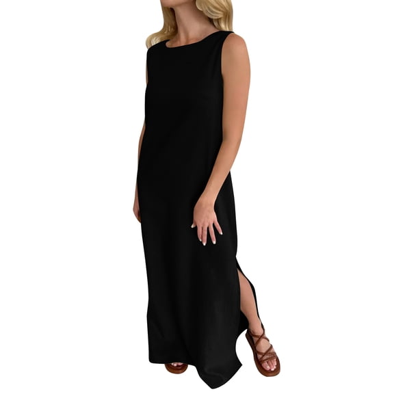 CIENVNSTG Womens Long Dresses Summer Elegant Long Dress Fashion Solid Sleeveless O-Neck Temperament Slim A-Line Casual Beach Dress Black S