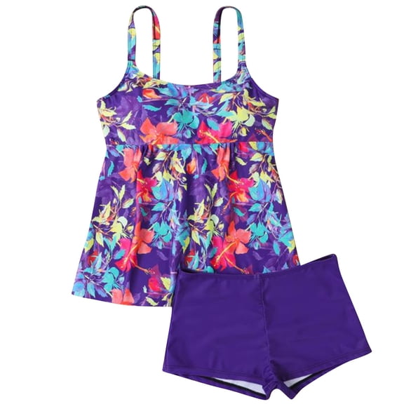 CIENVNSTG Womens Modest Flowy Tankini Swim Dress Two Piece Swimsuits Tummy Control Slim Effect Bike Shorts Style Casual Seaside Pool Leisure Bathing Outfits Purple S