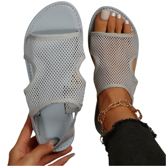 CIENVNSTG Womens Open Toe Flat Sandals Slingback Elastic Back Strap Breathable Mesh Hollow Out Design for Summer Beach Travel Casual Walking Wear Gray 36