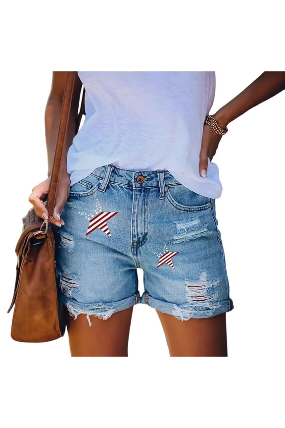 Womens Ripped Distressed Patriotic Denim Shorts 4Th Of July Star Flag Patchwork Cuffed Raw Hem Summer Casual Jean Shorts with Pockets for Daily Outdoor Wear Blue M