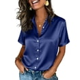 thumbnail image 1 of CIENVNSTG Womens Satin Silk Blouse Short Sleeve Lapel Collar Tops Lightweight Solid Color Button Down Shirts Work Business Dressy Outfits Dark Blue L, 1 of 7