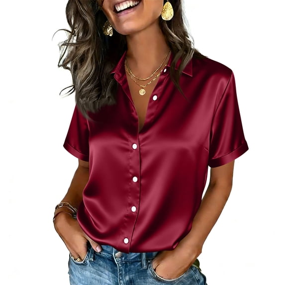 CIENVNSTG Womens Satin Silk Blouse Short Sleeve Lapel Collar Tops Lightweight Solid Color Button Down Shirts Work Business Dressy Outfits XXL