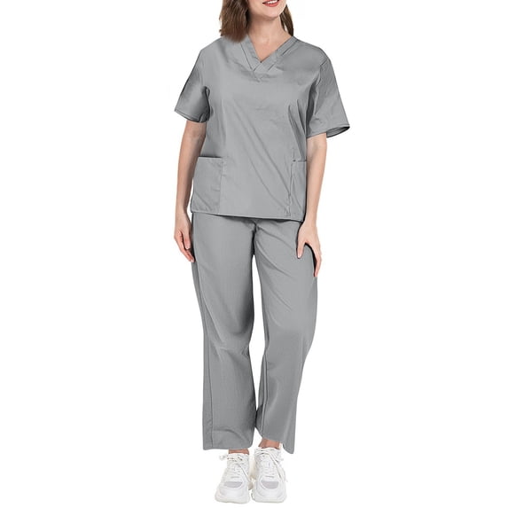 CIENVNSTG Womens Scrubs Set V Neck Short Sleeve Workwear Shirt Soft Stretch Solid Color Straight Leg Pants Gray 2XL