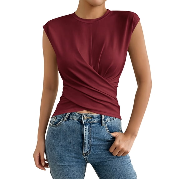 CIENVNSTG Womens Slim Fit Stretchy Cropped Tops Round Neck Cap Sleeve Cross Wrap Twist Front Ruched Casual Summer Daily Wear Blouses Deep Red S