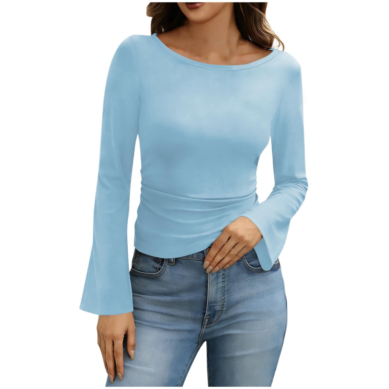 CIENVNSTG Womens Slim Fit Tops Long Bell Sleeve Crewneck Shirts Fashion ...