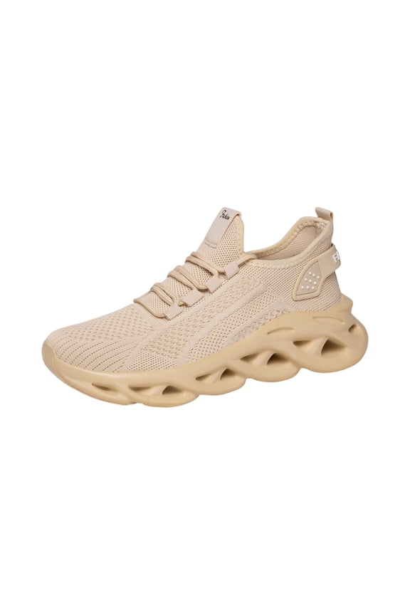 Womens Sneakers Breathable Fly Knit Mesh Walking Shoes Hollow Wave Thick Rubber Sole Non Slip Gym Sports Casual Fashion Sneakers Beige 40