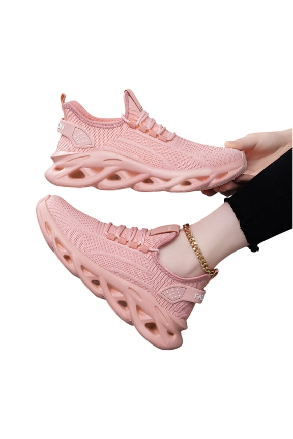 Womens Sneakers Breathable Fly Knit Mesh Walking Shoes Hollow Wave Thick Rubber Sole Non Slip Gym Sports Casual Fashion Sneakers Pink 38