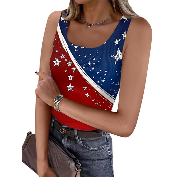 CIENVNSTG Womens Summer Basic Independence Day Holiday Tops Ribbed Material Square Neck Patriotic Star Print Fitted Sleeveless USA Themed Camisole Shirts for Daily Casual Dressing Red XL