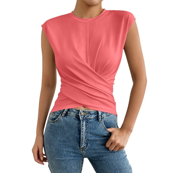 CIENVNSTG Womens Summer Daily Casual Tops Round Neck Cap Sleeve Cross Wrap Twist Front Ruched Slim Fit Stretchy Cropped Tank Shirts Watermelon Red S