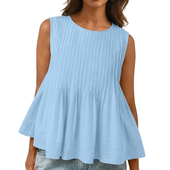 CIENVNSTG Womens Summer Pleated Peplum Tops Casual Sleeveless Tank Tops Flowy Babydoll Shirts Light Blue M