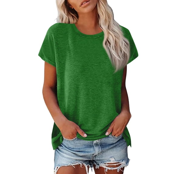 CIENVNSTG Womens Summer Tops Short Sleeve Crew Neck Shirts Solid Color Cute Trendy Basic Tunic Blouses Green XXXL